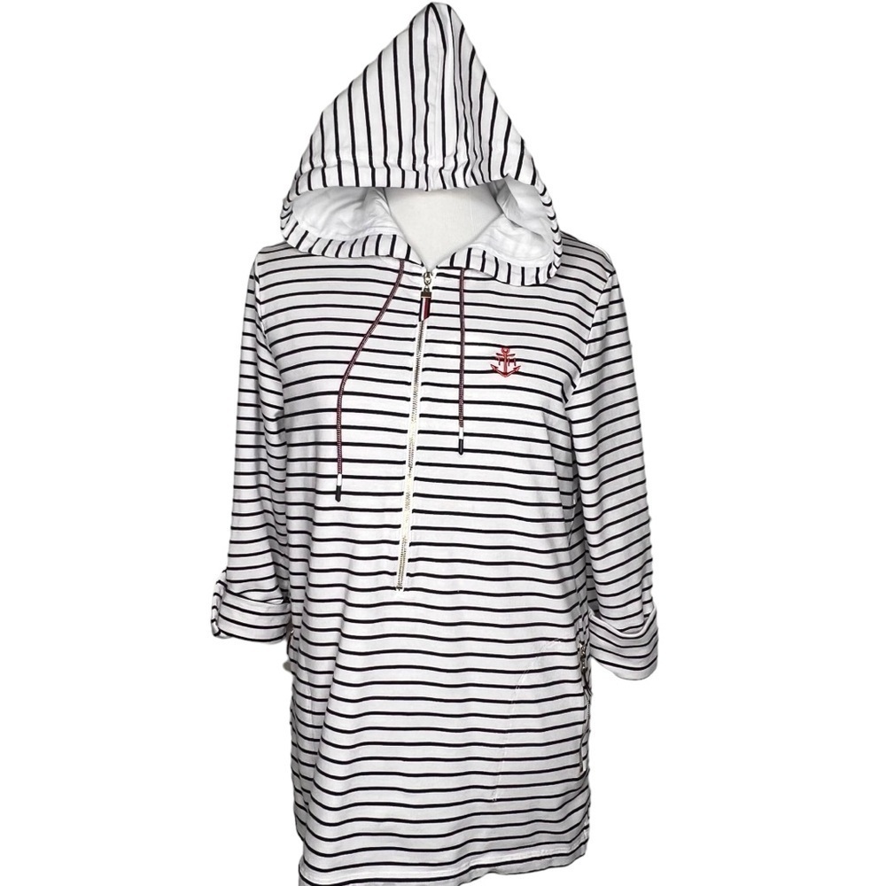 Tommy Hilfiger Women’s Patriotic Striped Long Roll Tab Sleeve 1/4 Zip Hoodie Med - Picture 3 of 14